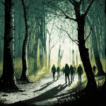 People walking through a forest towards sunlight
