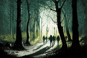 People walking through a forest towards sunlight