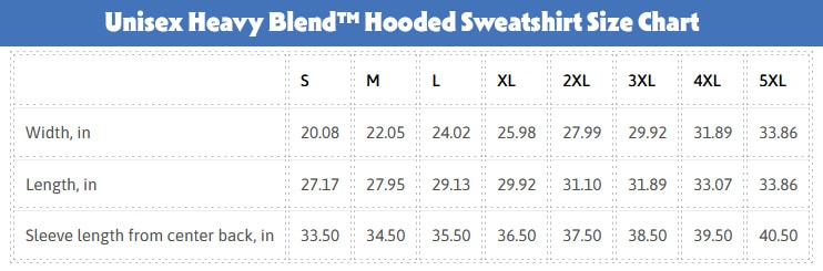 Unisex Hooded Sweatshirt Size Chart